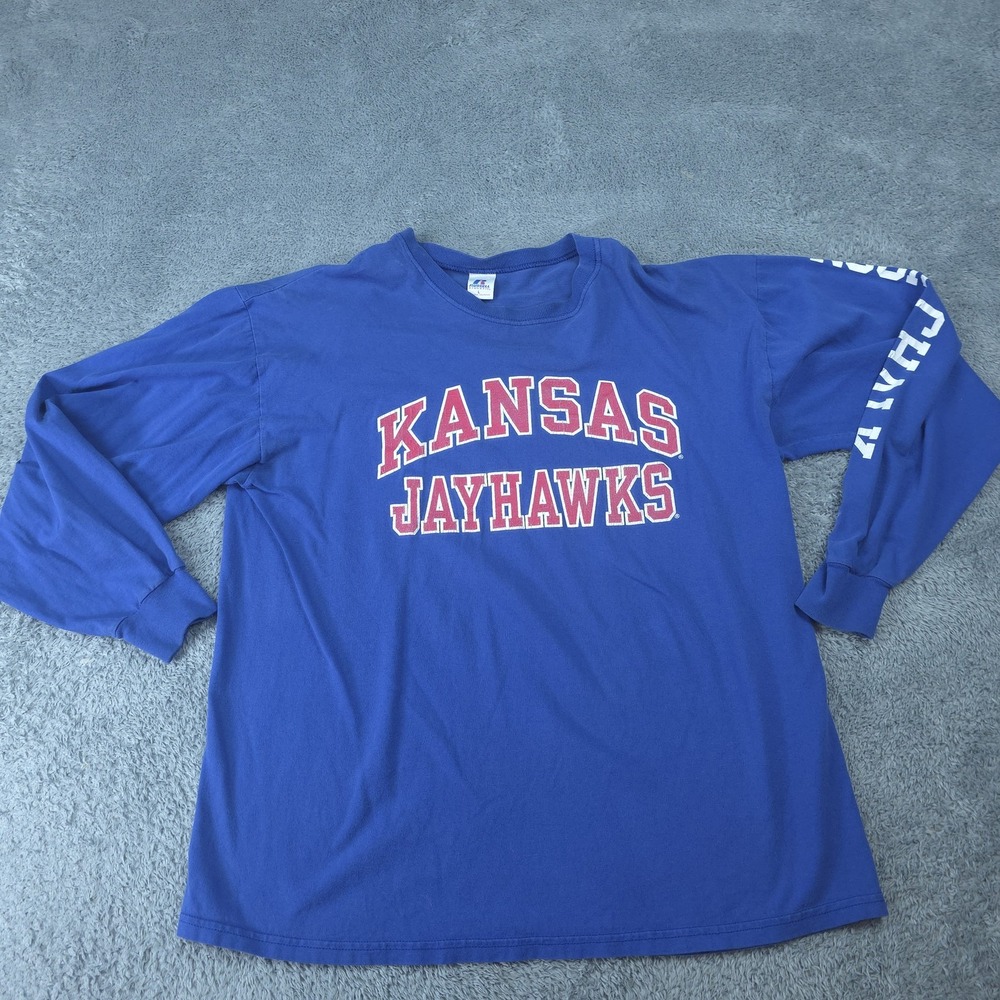 Kansas Jayhawks Shirt Mens Large Blue NCAA Russell Athletic Long Sleeve